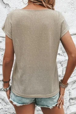 Fashion Dear-Lover Button Detail Batwing Sleeve Casual Tee Smoke Gray