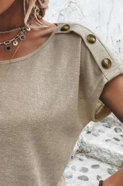 Fashion Dear-Lover Button Detail Batwing Sleeve Casual Tee Smoke Gray