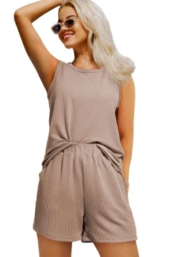Hot Dear-Lover Corded Sleeveless Top and Pocketed Shorts Set Smoke Gray