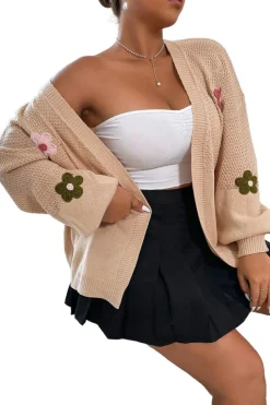 Hot Dear-Lover Floral Applique Drop Shoulder Bubble Sleeve Cardigan Smoke Gray