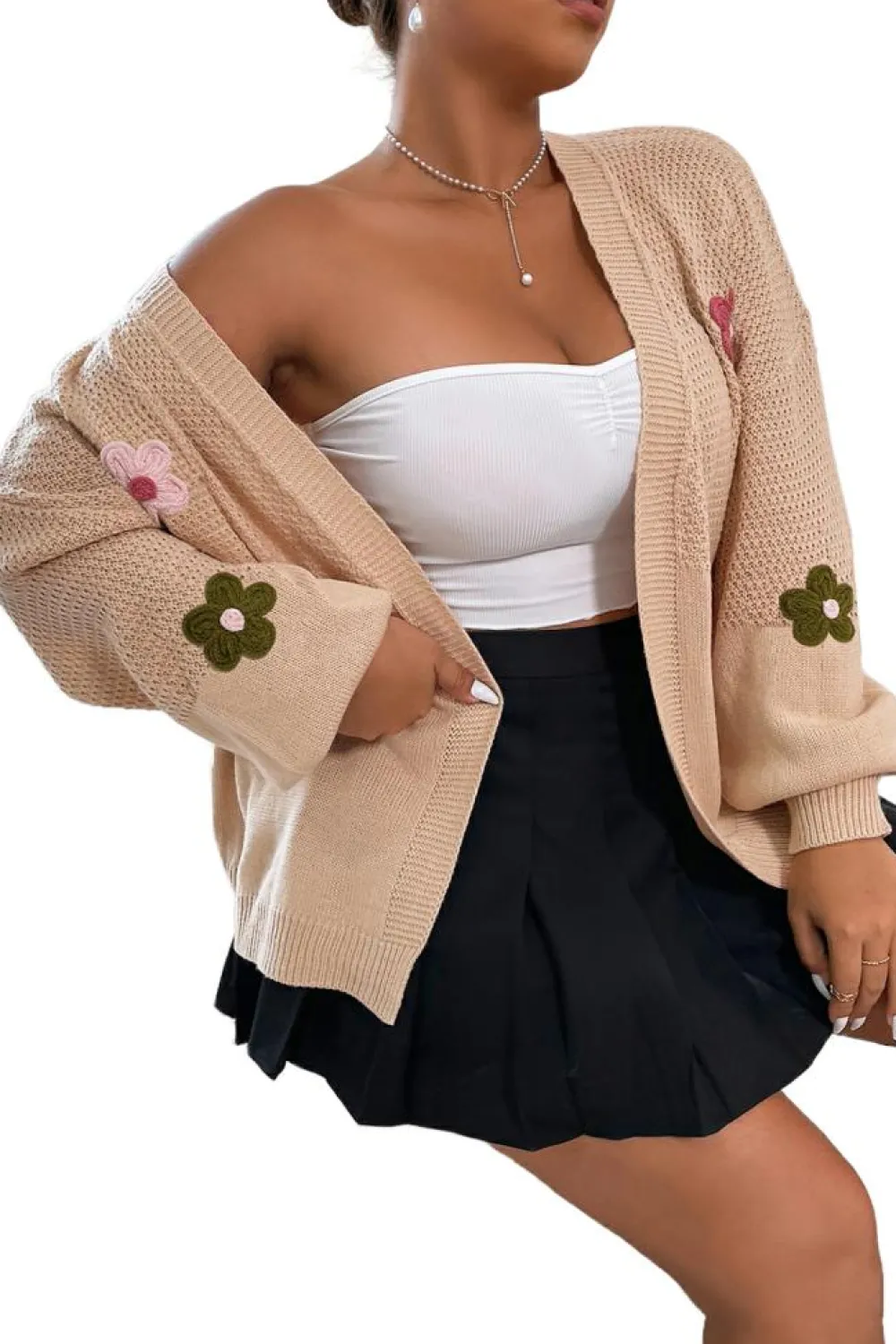 Hot Dear-Lover Floral Applique Drop Shoulder Bubble Sleeve Cardigan Smoke Gray