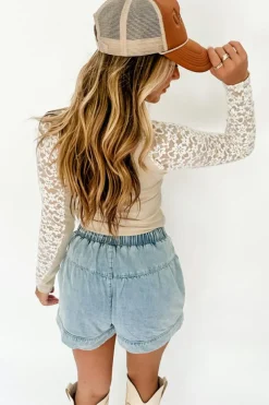 Online Dear-Lover Floral Lace Patchwork Long Sleeve High Neck Slim Top Smoke Gray