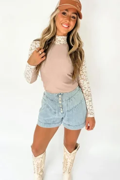 Online Dear-Lover Floral Lace Patchwork Long Sleeve High Neck Slim Top Smoke Gray