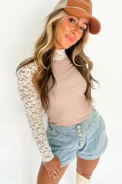 Online Dear-Lover Floral Lace Patchwork Long Sleeve High Neck Slim Top Smoke Gray