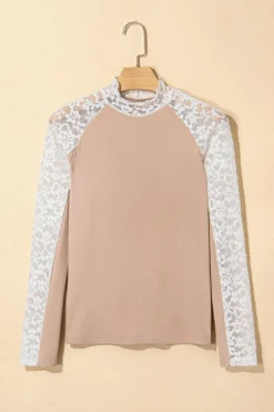 Online Dear-Lover Floral Lace Patchwork Long Sleeve High Neck Slim Top Smoke Gray
