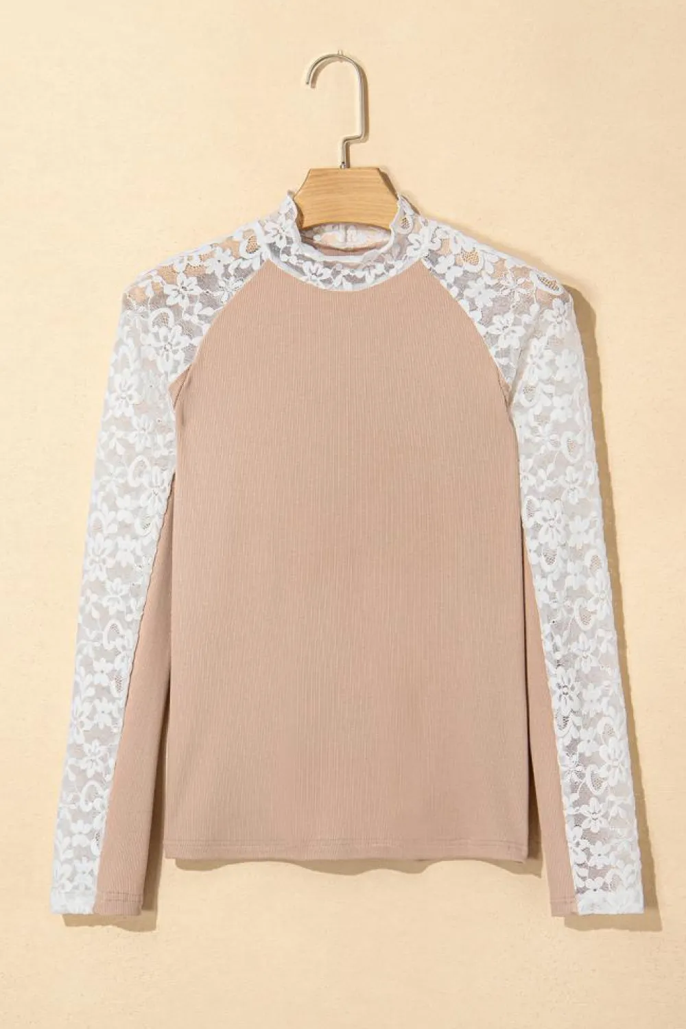 Online Dear-Lover Floral Lace Patchwork Long Sleeve High Neck Slim Top Smoke Gray