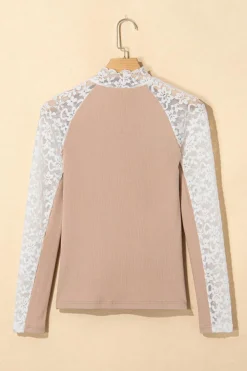 Online Dear-Lover Floral Lace Patchwork Long Sleeve High Neck Slim Top Smoke Gray