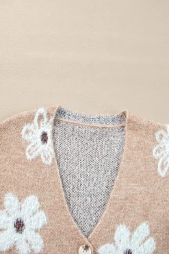 Fashion Dear-Lover Floral Print V Neck Knitted Button up Cardigan Smoke Gray