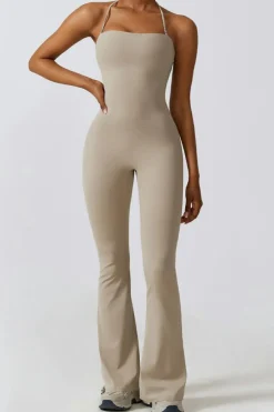 Hot Dear-Lover Halter Flared Yoga Jumpsuit Smoke Gray