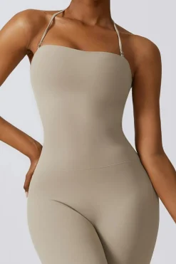 Hot Dear-Lover Halter Flared Yoga Jumpsuit Smoke Gray