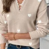 Clearance Dear-Lover Heart Print Lace Splicing V Neck Valentines Sweater Smoke Gray