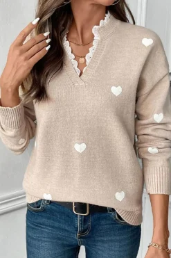 Clearance Dear-Lover Heart Print Lace Splicing V Neck Valentines Sweater Smoke Gray