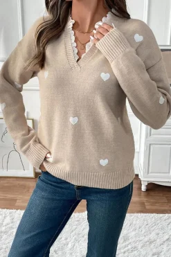 Clearance Dear-Lover Heart Print Lace Splicing V Neck Valentines Sweater Smoke Gray