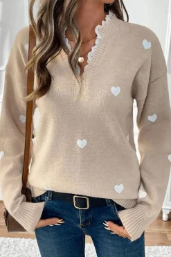 Clearance Dear-Lover Heart Print Lace Splicing V Neck Valentines Sweater Smoke Gray