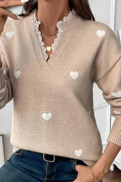Clearance Dear-Lover Heart Print Lace Splicing V Neck Valentines Sweater Smoke Gray