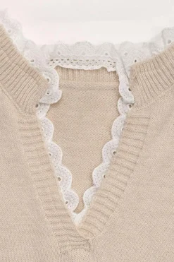 Clearance Dear-Lover Heart Print Lace Splicing V Neck Valentines Sweater Smoke Gray