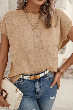 Fashion Dear-Lover Lattice Textured Knit Short Sleeve Sweater Smoke Gray