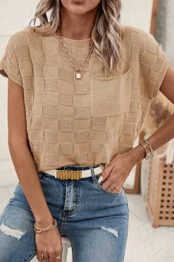Fashion Dear-Lover Lattice Textured Knit Short Sleeve Sweater Smoke Gray