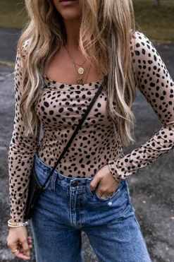 Online Dear-Lover Leopard Print Long Sleeve Scoop Neck Slim Fit Bodysuit Smoke Gray