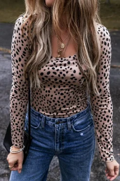Online Dear-Lover Leopard Print Long Sleeve Scoop Neck Slim Fit Bodysuit Smoke Gray