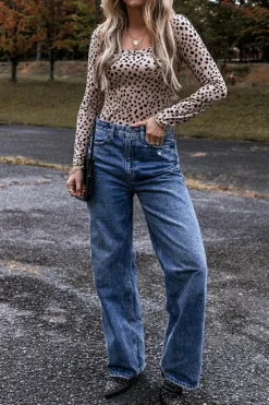 Online Dear-Lover Leopard Print Long Sleeve Scoop Neck Slim Fit Bodysuit Smoke Gray