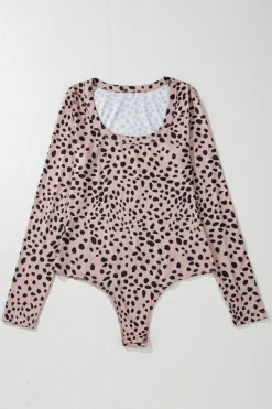 Online Dear-Lover Leopard Print Long Sleeve Scoop Neck Slim Fit Bodysuit Smoke Gray