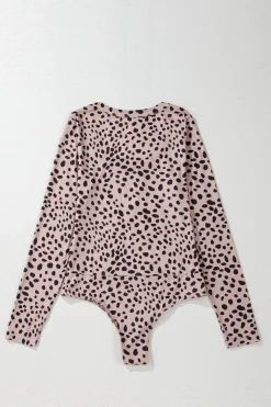 Online Dear-Lover Leopard Print Long Sleeve Scoop Neck Slim Fit Bodysuit Smoke Gray