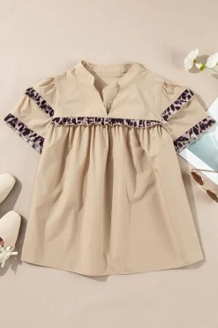 Best Dear-Lover Leopard Ruffles Trim Tiered Short Sleeve Blouse Smoke Gray