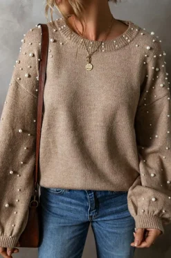 New Dear-Lover Pearled Drop Shoulder Round Neck Sweater Smoke Gray