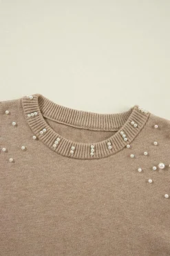 New Dear-Lover Pearled Drop Shoulder Round Neck Sweater Smoke Gray