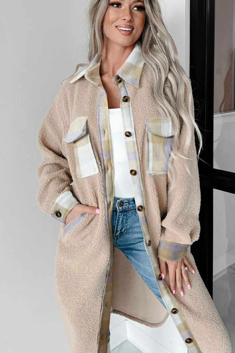 Online Dear-Lover Plaid Patchwork Collared Button-up Sherpa Long Coat Smoke Gray