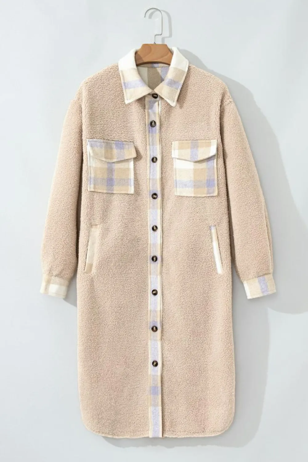 Online Dear-Lover Plaid Patchwork Collared Button-up Sherpa Long Coat Smoke Gray
