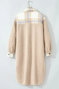 Online Dear-Lover Plaid Patchwork Collared Button-up Sherpa Long Coat Smoke Gray
