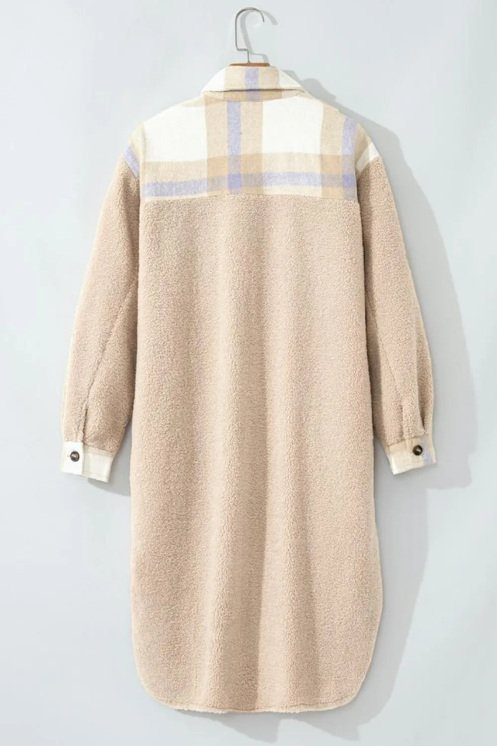 Online Dear-Lover Plaid Patchwork Collared Button-up Sherpa Long Coat Smoke Gray