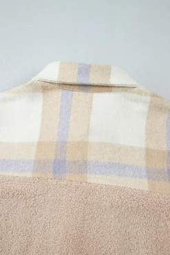 Online Dear-Lover Plaid Patchwork Collared Button-up Sherpa Long Coat Smoke Gray