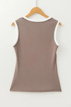 Discount Dear-Lover Ribbed Knit Colorblock Edge U Neck Slim Fit Tank Top Smoke Gray