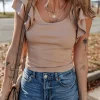 New Dear-Lover Ribbed Knit Ruffled Shoulder Slim Fit Tank Top Smoke Gray