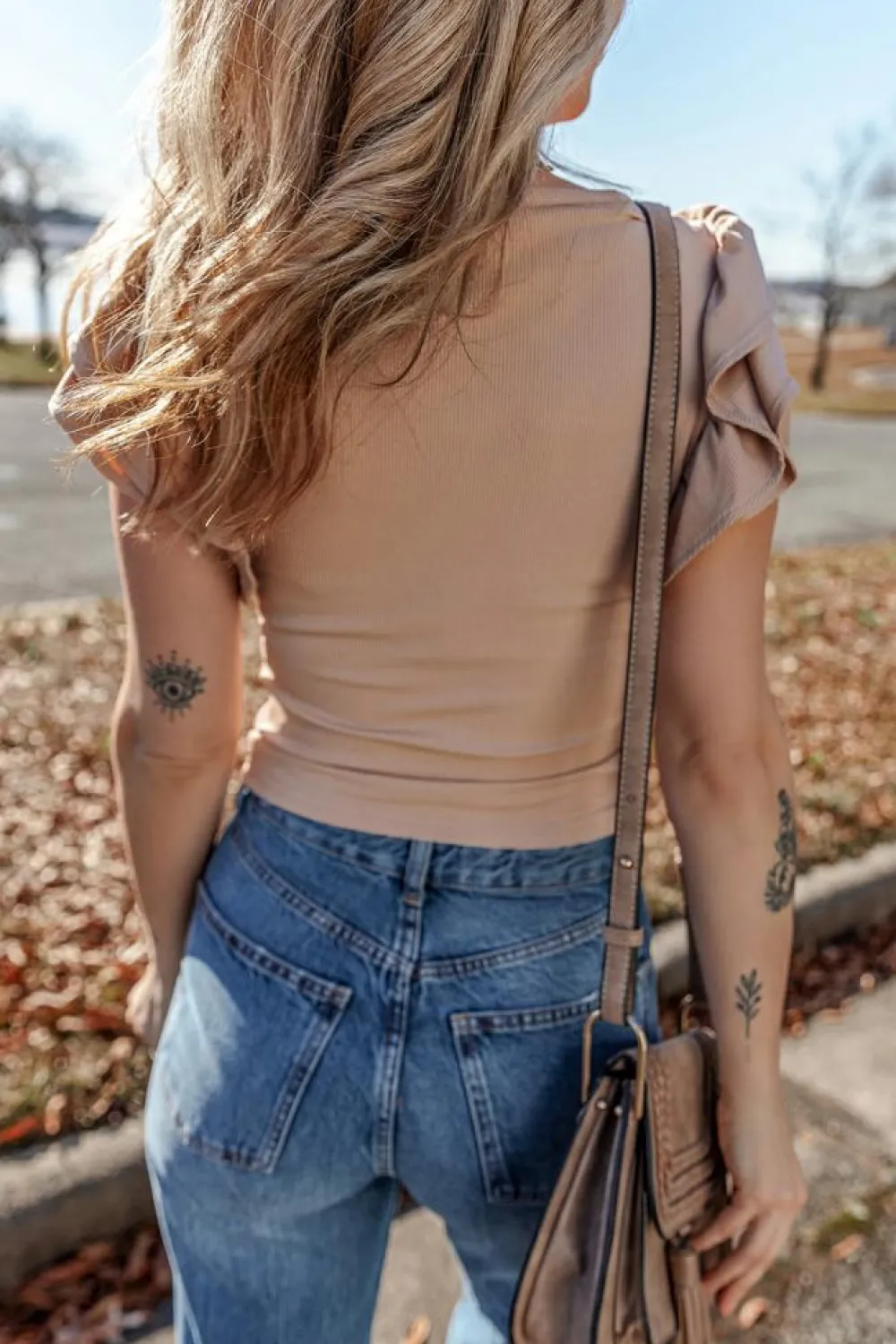 New Dear-Lover Ribbed Knit Ruffled Shoulder Slim Fit Tank Top Smoke Gray