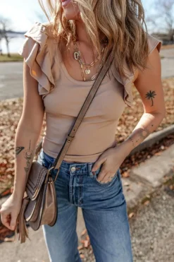 New Dear-Lover Ribbed Knit Ruffled Shoulder Slim Fit Tank Top Smoke Gray