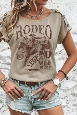 New Dear-Lover RODEO Cowboy Graphic Buttoned Batwing Sleeve T Shirt Smoke Gray