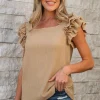 Outlet Dear-Lover Ruffled Tiered Sleeve Square Neck Textured Top Smoke Gray