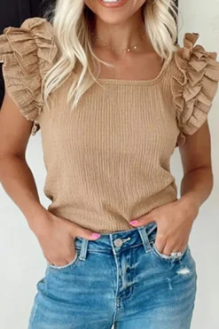Outlet Dear-Lover Ruffled Tiered Sleeve Square Neck Textured Top Smoke Gray