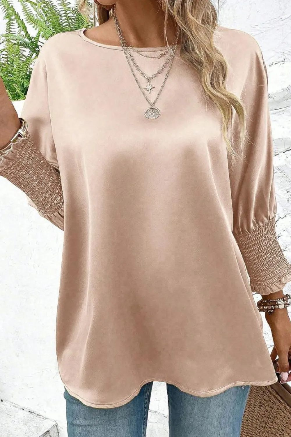 Hot Dear-Lover Shirred Dolman Sleeve Satin Blouse Smoke Gray