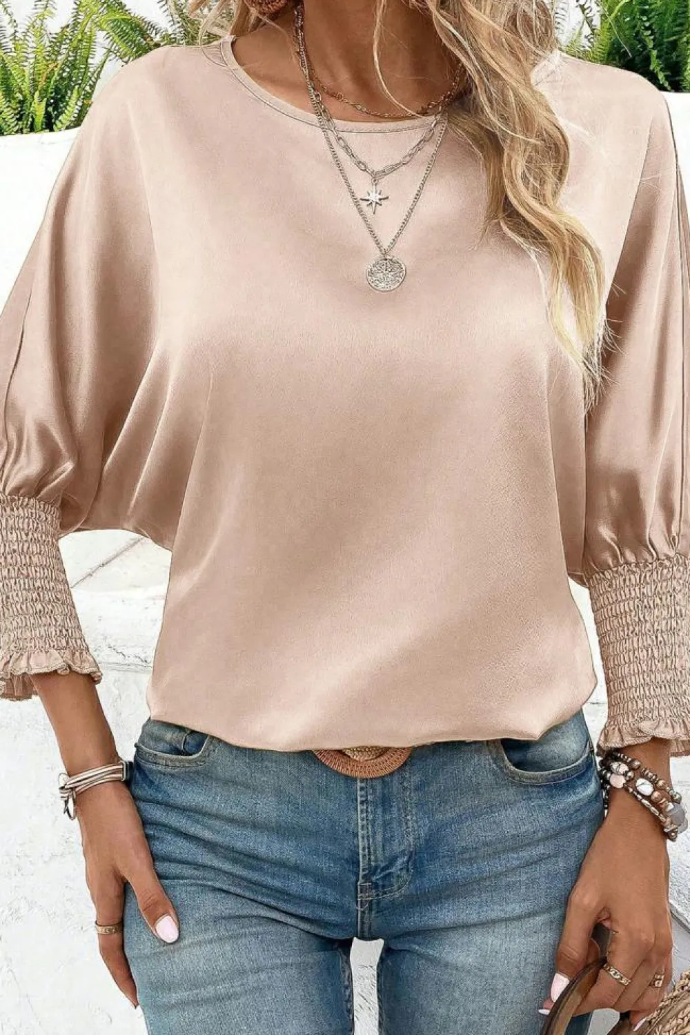 Hot Dear-Lover Shirred Dolman Sleeve Satin Blouse Smoke Gray