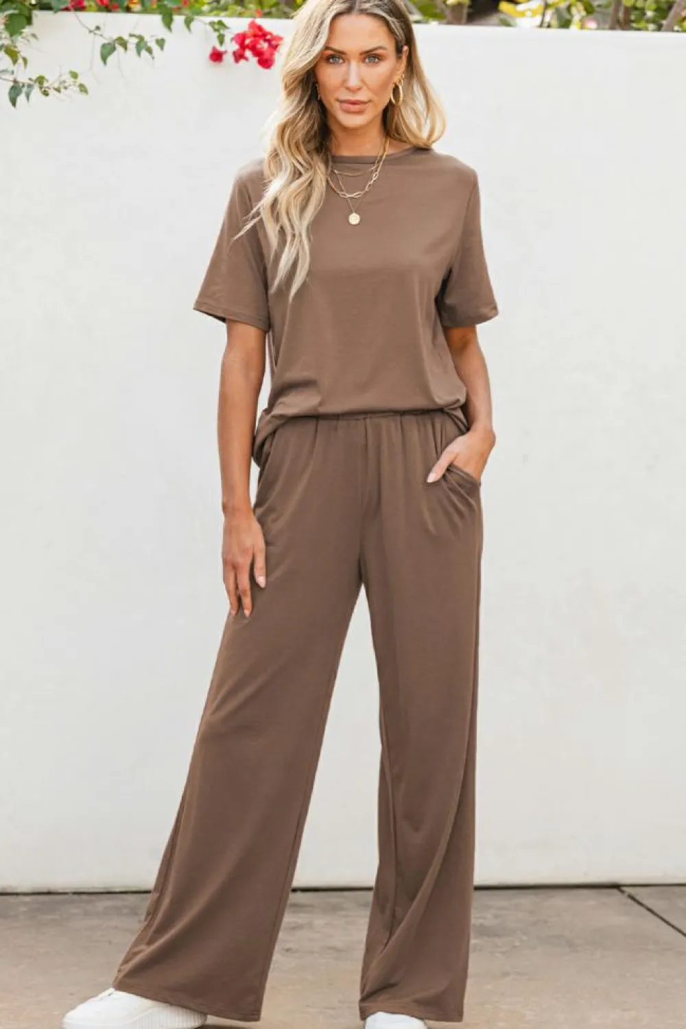 Fashion Dear-Lover Solid Color T Shirt 2pcs Wide Leg Pants Set Smoke Gray