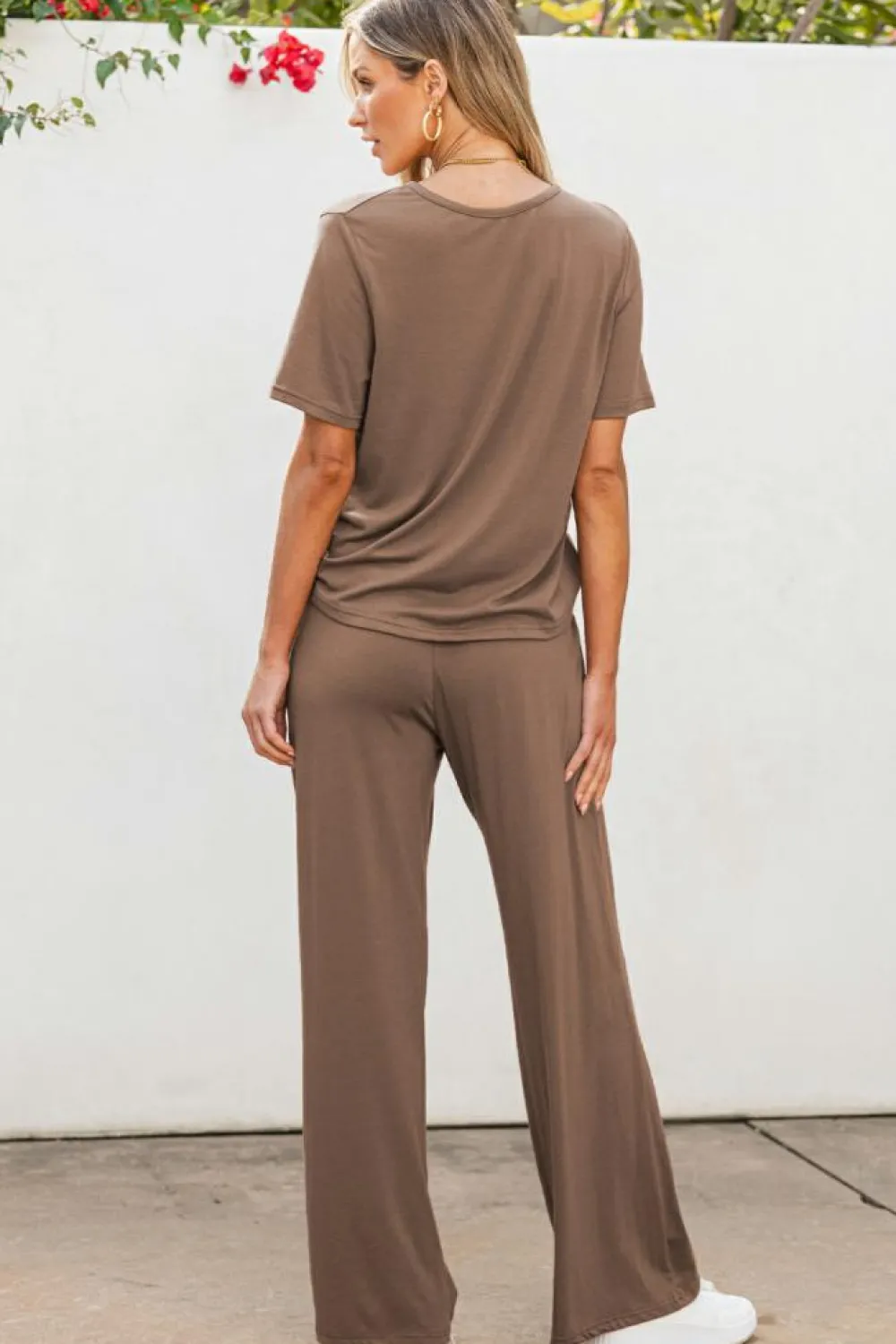 Fashion Dear-Lover Solid Color T Shirt 2pcs Wide Leg Pants Set Smoke Gray