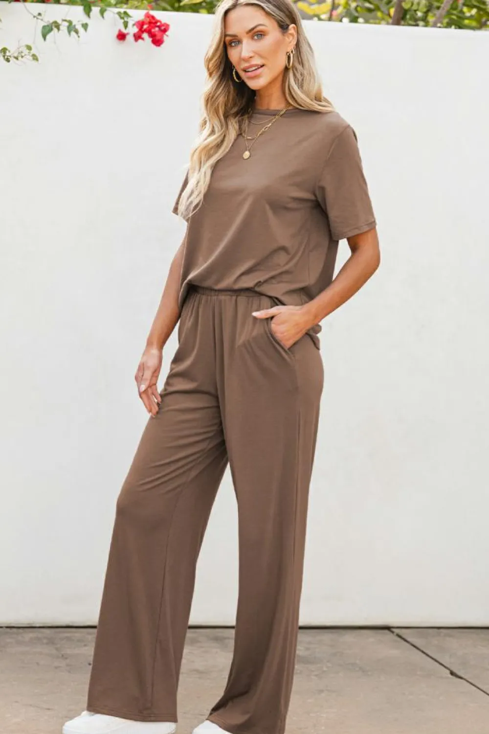 Fashion Dear-Lover Solid Color T Shirt 2pcs Wide Leg Pants Set Smoke Gray