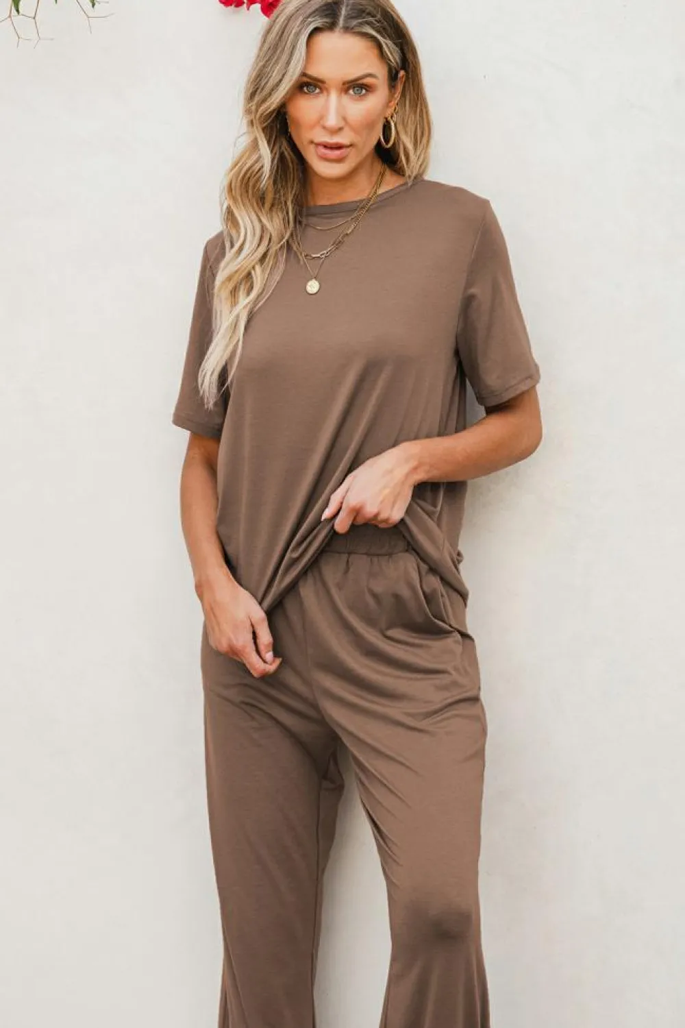 Fashion Dear-Lover Solid Color T Shirt 2pcs Wide Leg Pants Set Smoke Gray