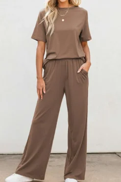 Fashion Dear-Lover Solid Color T Shirt 2pcs Wide Leg Pants Set Smoke Gray