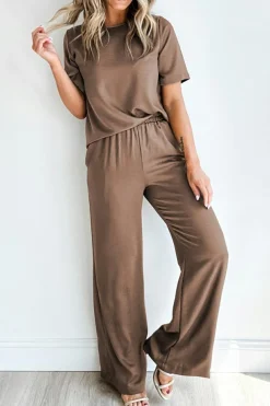 Fashion Dear-Lover Solid Color T Shirt 2pcs Wide Leg Pants Set Smoke Gray